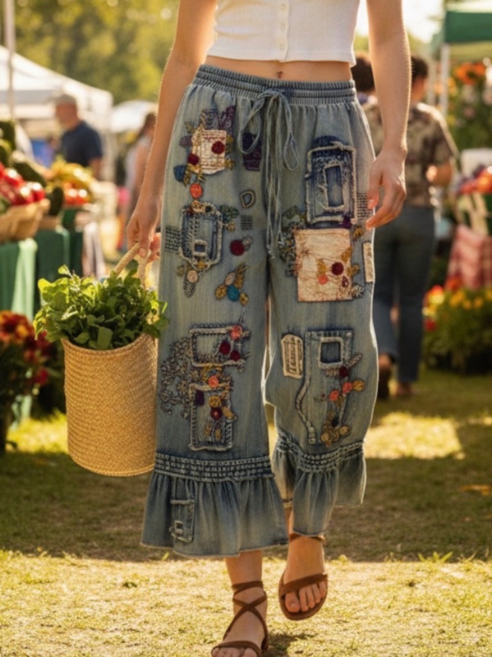 Bluevelvet Mineral Wash Stretch Waist Embroidered Ruffle Hem Cropped Denim pants